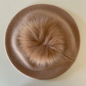 Amicale Cashmere Genuine Fox Fur Pompom Beret